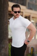 Erkek Hakim Yaka Dokuma Pamuklu Kumaş Kısa Kollu T-shirt resmi